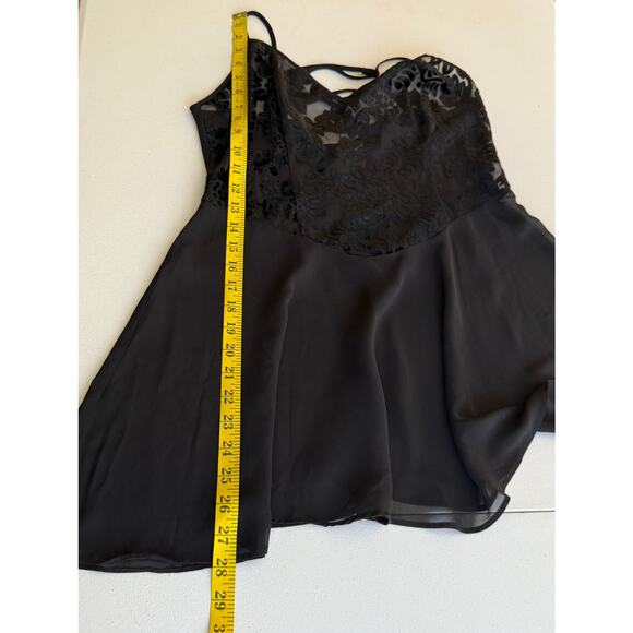 Lingerie Cacique Babydoll Slip Dress Women Medium Black Velvet Burnout VTG Sheer - Picture 6 of 10